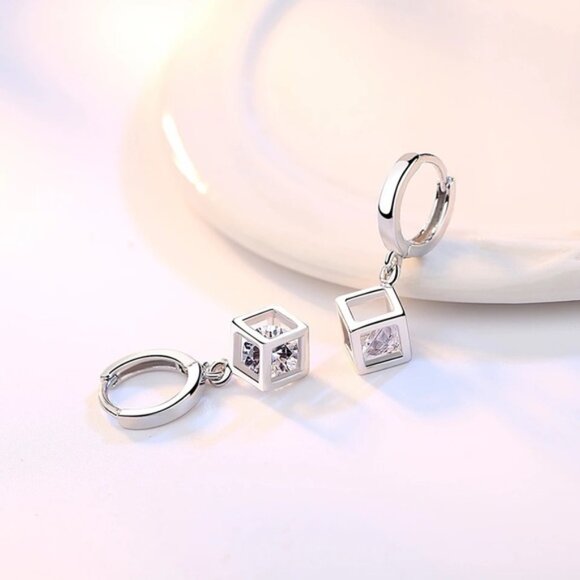 925 Sterling Silver Crystal Hollow Square Box Drop Earrings - Picture 6 of 7
